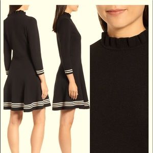 Anne Klein Ruffle Mock Neck Fit & Flare Dress with red stripes.